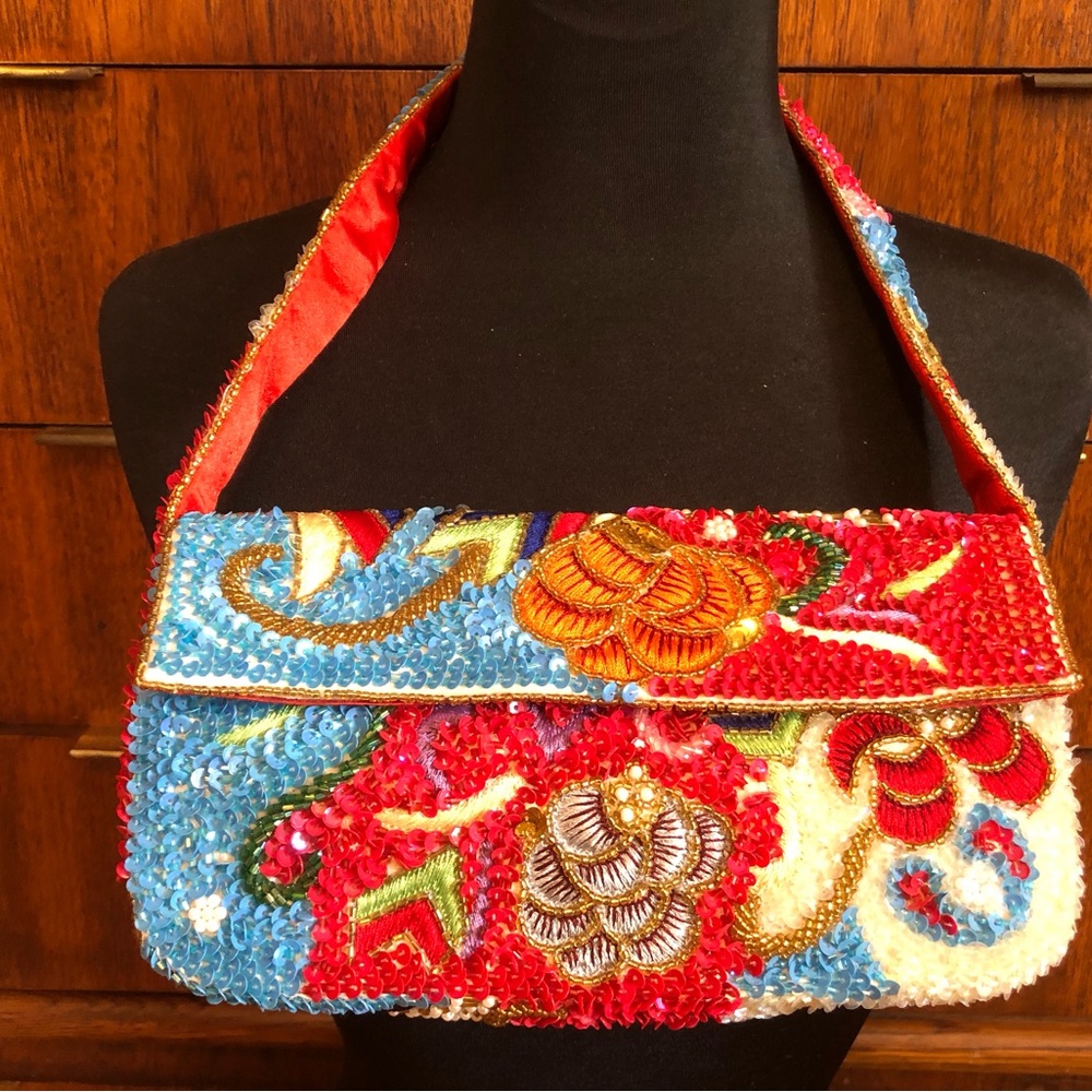 Purse Made In India Bright Colors Beads Sequins Crewel Embroidery
